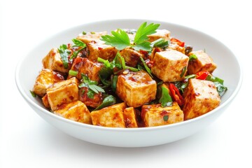 Fototapeta premium A bowl of tofu stir-fried with vegetables and herbs, garnished for a flavorful dish.