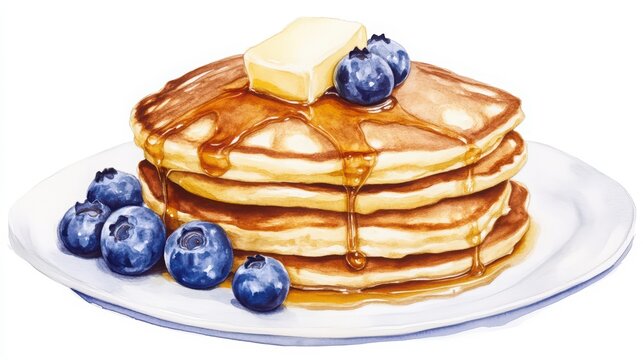 Delicious pancake stack with melting butter and fresh blueberries, drizzled with syrup, perfect for breakfast cravings.