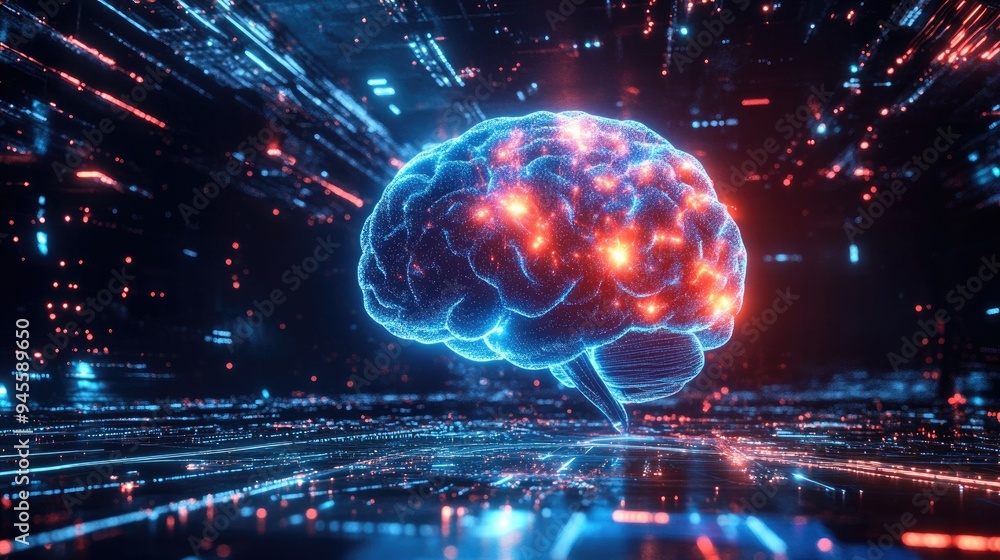 Poster artificial intelligence (ai) concept with a glowing brain and data streams