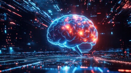 Fototapeta premium Artificial intelligence (AI) concept with a glowing brain and data streams