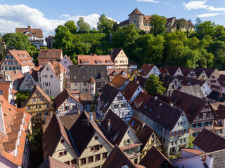 Tuebingen Town in Baden Wurttemberg, Germany, Europe, Aerial Drone flyby Shot above Tubingen - the old historical town 