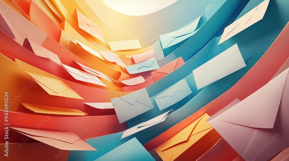 Poster dynamic and colorful illustration of flying envelopes, symbolizing communication and digital messagi