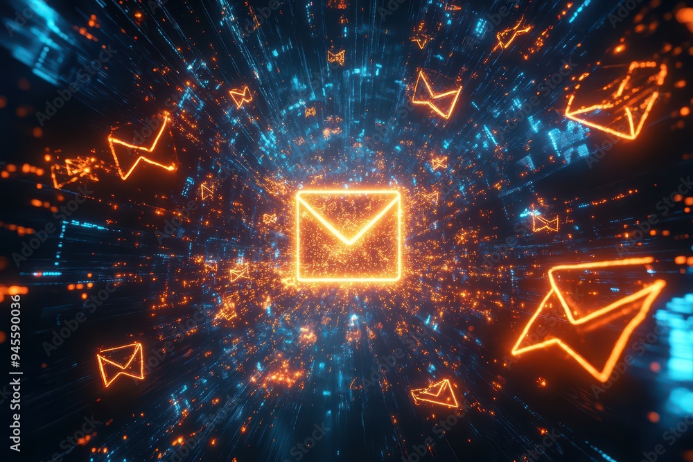 Poster dynamic digital email concept featuring glowing envelopes in a burst of neon colors, representing in