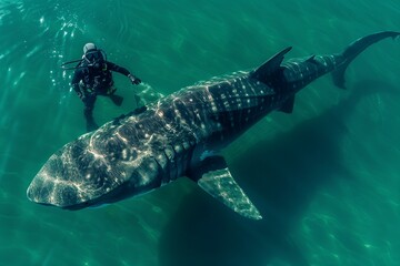 Naklejka premium Diver swims alongside a massive shark in clear turquoise water off the coast during a sunny afternoon