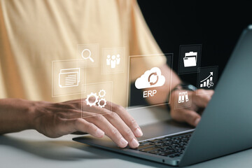 Cloud ERP, Enterprise Resource Planning concept. Connecting data with cloud computing to access to...