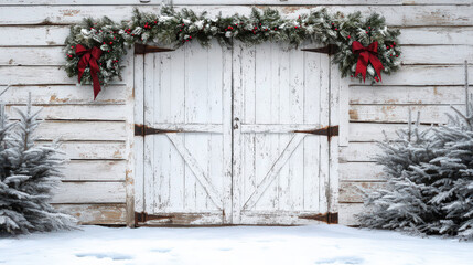 Rustic white barn door adorned with festive green garland and red ribbons, surrounded by snowy pine trees during wintertime.