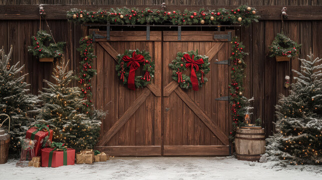 Rustic wooden barn doors adorned with Christmas wreaths, surrounded by decorated trees and festive presents in a snowy setting.