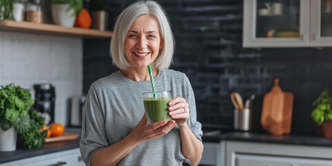 A woman is smiling and holding a green smoothie in a glass. She is in a kitchen with various items such as a potted plant, a bowl, a knife, and a spoon