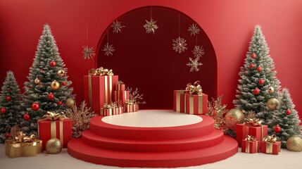 Christmas podium with a window display background, creating a festive atmosphere