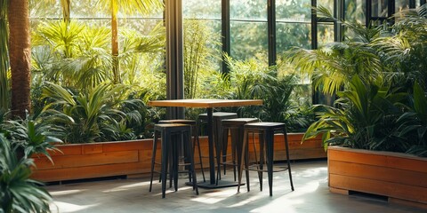 A table and chairs are in a room with plants. The plants are in pots and the room is bright and sunny