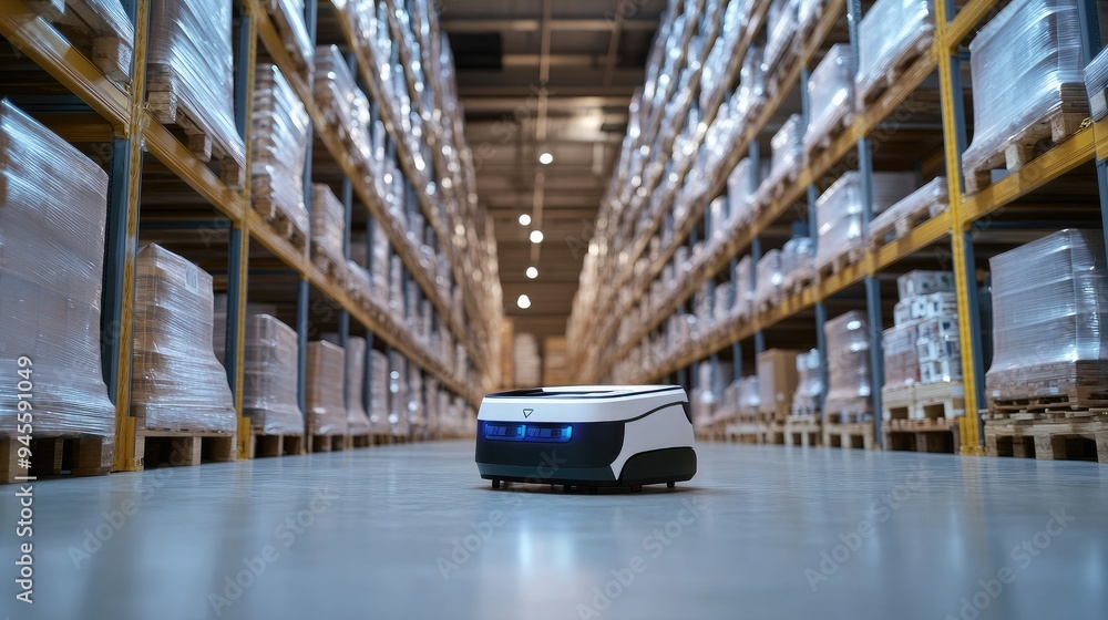 Poster autonomous robot navigating through a warehouse, transporting goods efficiently