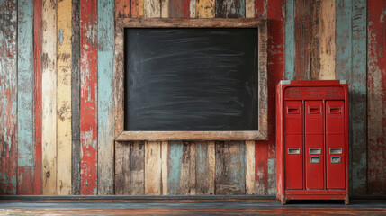 Vintage wooden wall with rustic blackboard and red lockers. Perfect for school, cafe, or menu presentation.