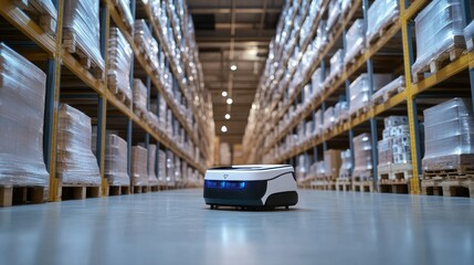 Fototapeta premium Autonomous robot navigating through a warehouse, transporting goods efficiently