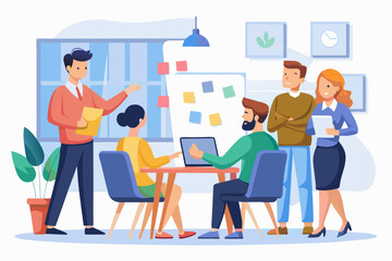 Workshop or business discussion, meeting or brainstorm new idea, training course class, Q and A, question and answer chat, business people in workshop meeting room with whiteboard and sticky notes. 
