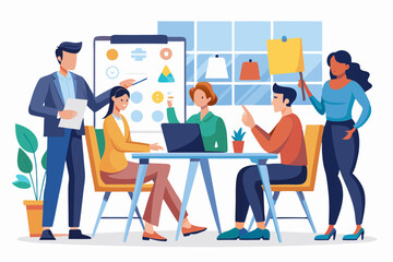 Workshop or business discussion, meeting or brainstorm new idea, training course class, Q and A, question and answer chat, business people in workshop meeting room with whiteboard and sticky notes. 
