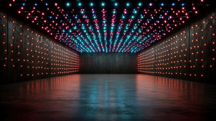 Vibrant room featuring walls and ceiling covered in red and blue LED lights, creating a futuristic and dynamic environment.