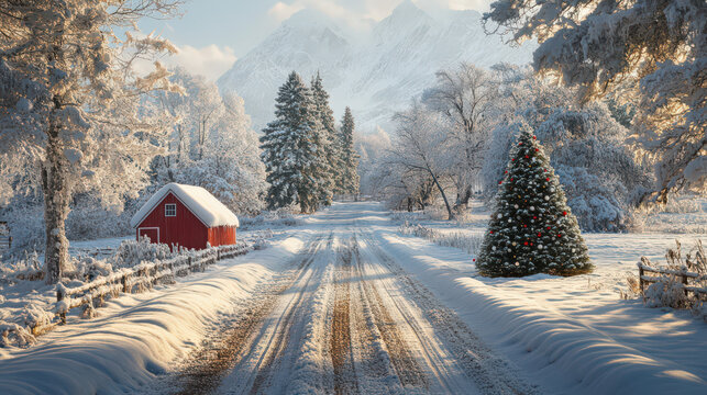 Wintery rural landscape with a snowy road, Christmas tree, and a red barn against a backdrop of snow-covered trees and mountains.