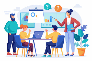 Workshop or business discussion, meeting or brainstorm new idea, training course class, Q and A, question and answer chat, business people in workshop meeting room with whiteboard and sticky notes. 
