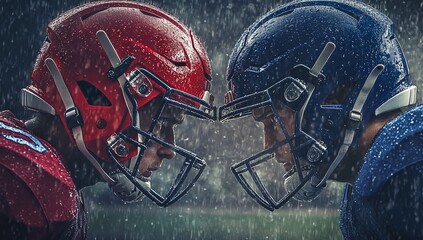 Intense Face-off Between American Football Players in Rain