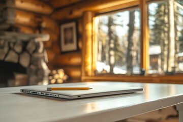 Laptop and Pencil on a Table in a Cabin