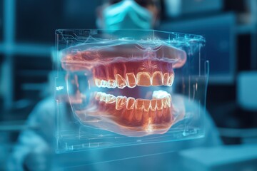 Futuristic dental visualization with a 3D model of teeth, highlighting advanced dentistry technology and patient care.
