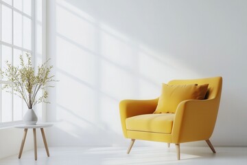 A bright yellow chair with a cushion next to a small table and decorative plant in a sunlit room.