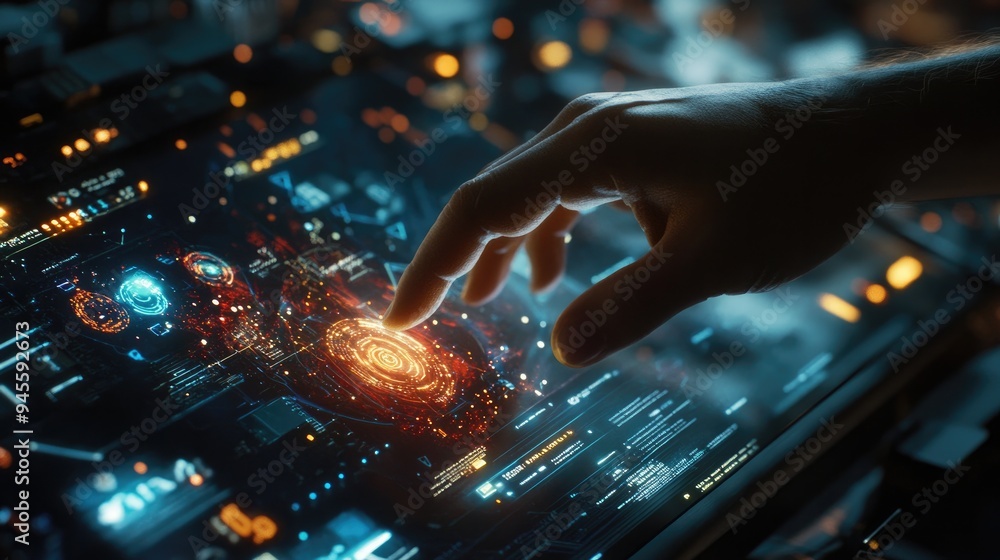 Poster close-up of a hand swiping through a holographic interface in a tech-filled environment