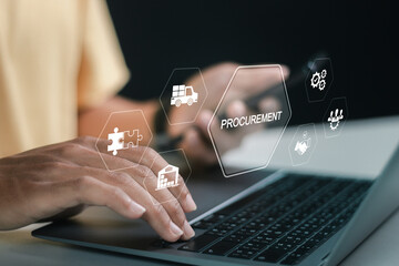 Procurement Management Industry concept. Person using laptop with procurement icon on virtual...