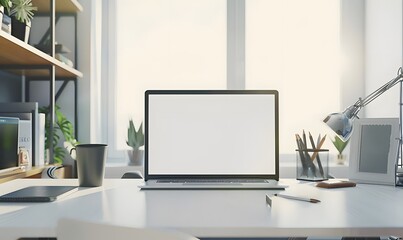 Comfortable workspace with open blank screen laptop computer and office supplies.