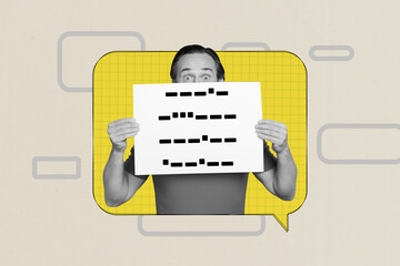 Creative picture collage amazed impressed shocked man peek stare watch look hold placard blind...