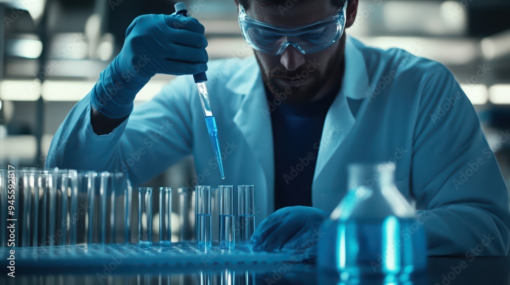 Poster laboratory researcher conducting an experiment with pipette and test tubes in modern lab environment