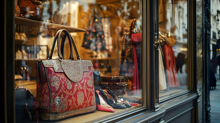 Obraz premium Luxury Parisian shopfront with fashion accessories in boutique window display
