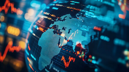 Close-up of a globe overlaid with stock market tickers, highlighting global financial trends .illustration