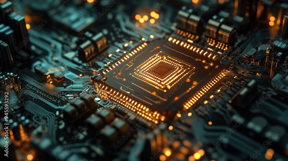 Poster close-up of a quantum computer's intricate circuitry and cooling system