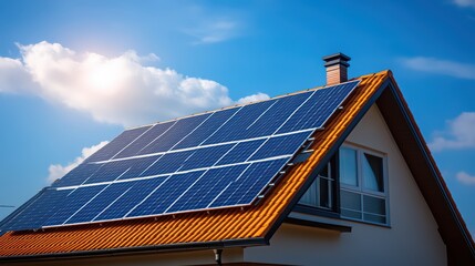 Fototapeta premium Modern house with solar panels under bright blue sky, showcasing renewable energy and sustainable living.