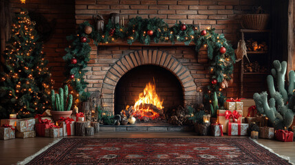Cozy Christmas living room with a decorated tree, gifts, and fireplace adorned with festive garlands in a warm holiday setting.
