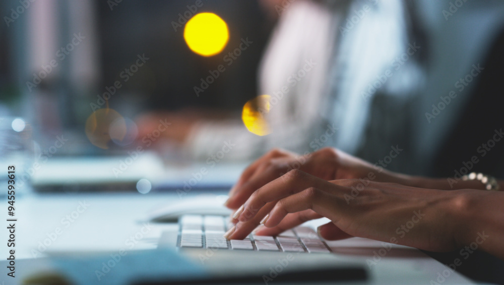 Poster business woman, hands and typing on keyboard with communication, digital report and bokeh in office.