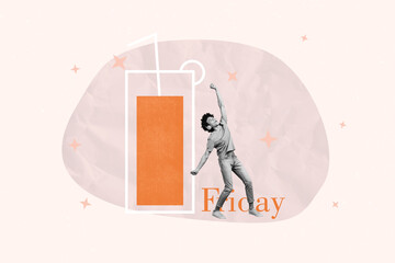 Creative collage young man dancer party celebration glass drink beverage cocktail friday holiday...