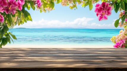 Scenic beach view framed by vibrant flowers and clear blue waters. Perfect for relaxation and tropical-themed projects.
