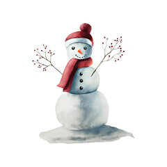 Christmas smiling snowman in a red hat and scarf, nose carrot, hands branches with berries. Watercolor cartoon hand painted illustration isolated on background. For designers, decoration, shop, for po