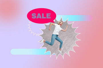 Creative photo collage young woman run shopaholic discount sale cheap price deal weekend black...