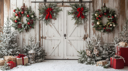Cozy rustic Christmas scene with wreaths, snowy trees, and festive presents in front of barn doors, perfect for holiday celebrations.
