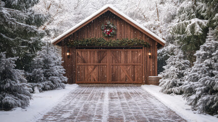 Cozy wooden garage decorated with a Christmas wreath during snowfall, surrounded by snow-covered trees. Wintery, festive atmosphere.
