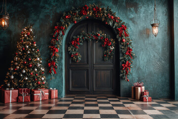 Fototapeta premium Elegant Christmas decoration with a festive tree, gift boxes, and a beautifully adorned door with garland and ribbons in a cozy room.