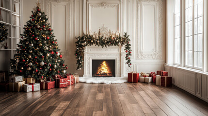Elegant living room with Christmas tree and fireplace aglow, beautifully wrapped presents on hardwood floor, festive holiday decor.