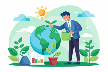 Sustainability business, ESG environmental social governance, green or clean energy, eco friendly ecology to help climate change, recycle concept, businessman pouring ecology plant with clean energy.
