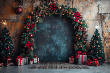 Festive Christmas scene with decorated arch, trees, and gifts against rustic wall, perfect for holiday celebrations and festivities.