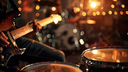 Naklejka premium Photo-realistic band recording in a studio, drummer and bassist in action, warm lighting, high-resolution details, lifelike graphics