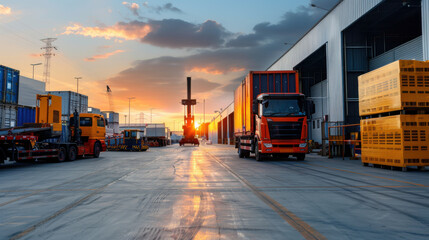 Trucks and containers at a logistics yard during sunset, showcasing industrial shipping, transportation, and global trade.