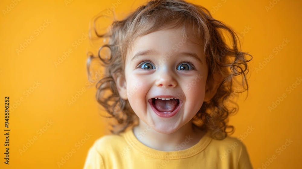 Poster a cheerful toddler with curly hair beams with excitement, surrounded by a warm yellow backdrop that 